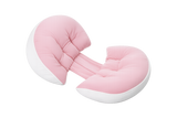 A pink and white crescent-shaped baby support pillow with a padded center, shown on a plain white background.