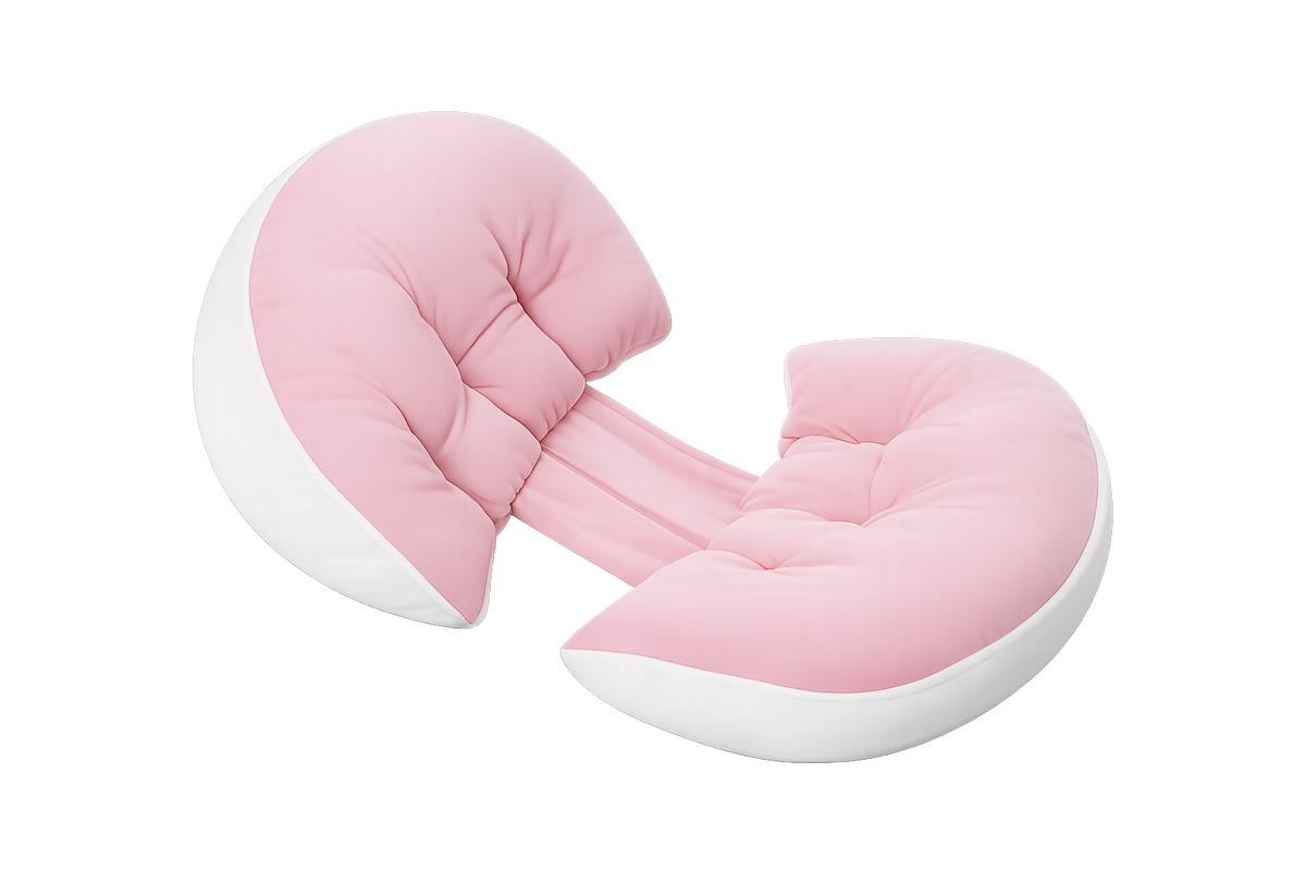 A pink and white crescent-shaped baby support pillow with a padded center, shown on a plain white background.