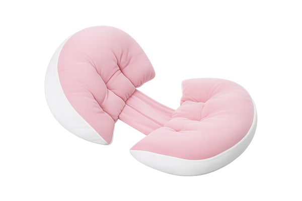 A pink and white crescent-shaped baby support pillow with a padded center, shown on a plain white background.