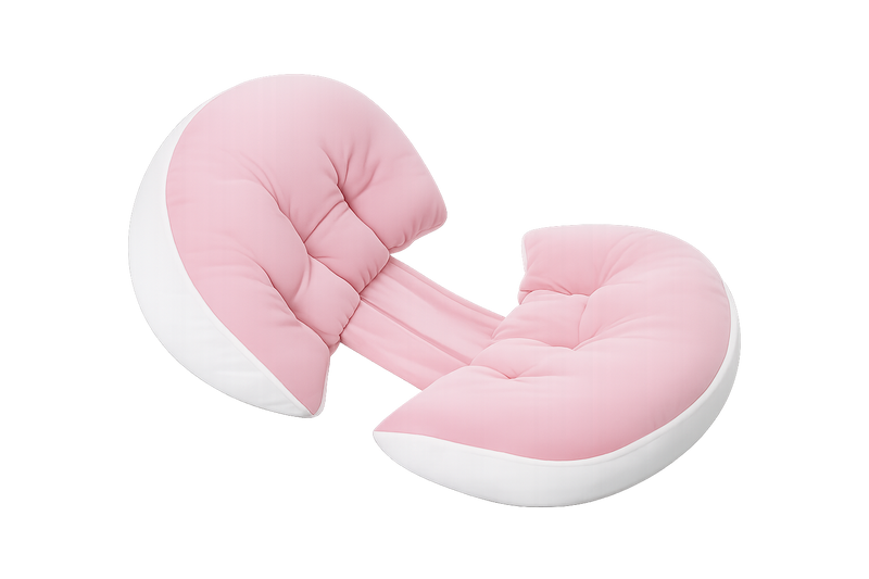 A pink and white crescent-shaped baby support pillow with a padded center, shown on a plain white background.