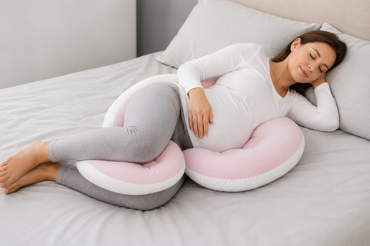 A pregnant woman rests on a bed using a pink and white U-shaped maternity pillow. She is wearing a white long-sleeve top and gray leggings.
